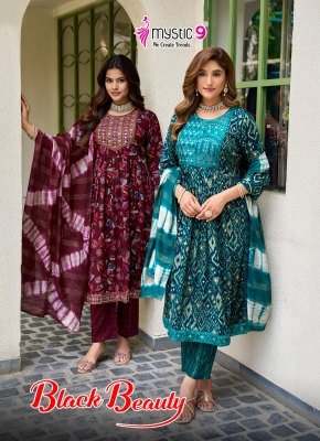 Mystic 9 Black Beauty Vol-7 Rayon Foil Print Nayra Cut Suit Set wholesale catalogs