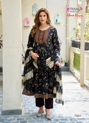 Mystic 9 Black Beauty Vol-7 Rayon Foil Print Nayra Cut Suit Set readymade suit catalogs