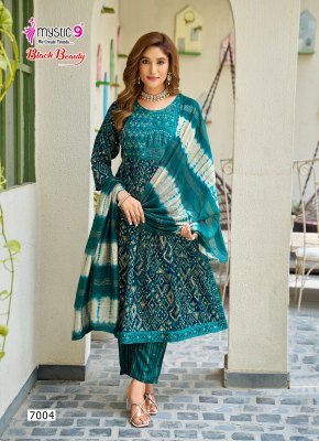 Mystic 9 Black Beauty Vol-7 Rayon Foil Print Nayra Cut Suit Set readymade suit catalogs