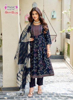 Mystic 9 Black Beauty Vol-7 Rayon Foil Print Nayra Cut Suit Set readymade suit catalogs
