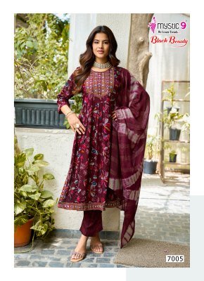 Mystic 9 Black Beauty Vol-7 Rayon Foil Print Nayra Cut Suit Set readymade suit catalogs
