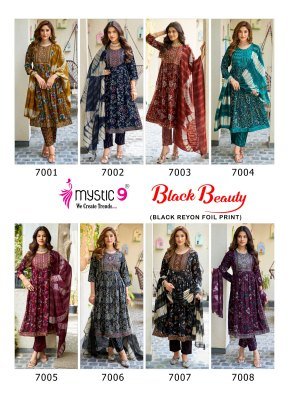 Mystic 9 Black Beauty Vol-7 Rayon Foil Print Nayra Cut Suit Set readymade suit catalogs