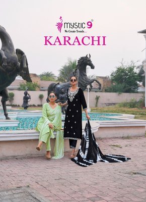Mystic 9 Karachi Vol 6 Heavy Rayon Lucknowi Straight Cut Kurti with Embroidery Work Pant and Dupatta 3 Piece Set Wholesale kurtis catalogs