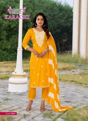 Mystic 9 Karachi Vol 6 Heavy Rayon Lucknowi Straight Cut Kurti with Embroidery Work Pant and Dupatta 3 Piece Set Wholesale kurtis catalogs