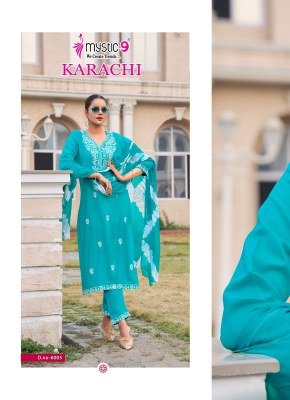 Mystic 9 Karachi Vol 6 Heavy Rayon Lucknowi Straight Cut Kurti with Embroidery Work Pant and Dupatta 3 Piece Set Wholesale kurtis catalogs