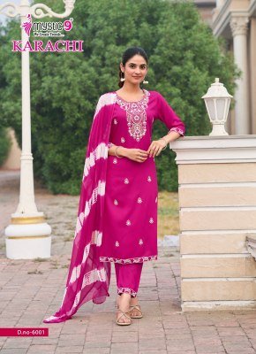 Mystic 9 Karachi Vol 6 Heavy Rayon Lucknowi Straight Cut Kurti with Embroidery Work Pant and Dupatta 3 Piece Set Wholesale kurtis catalogs