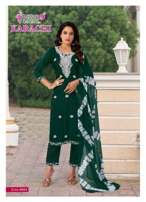 Mystic 9 Karachi Vol 6 Heavy Rayon Lucknowi Straight Cut Kurti with Embroidery Work Pant and Dupatta 3 Piece Set Wholesale kurtis catalogs