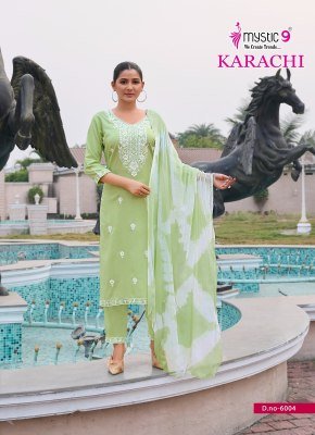 Mystic 9 Karachi Vol 6 Heavy Rayon Lucknowi Straight Cut Kurti with Embroidery Work Pant and Dupatta 3 Piece Set Wholesale kurtis catalogs