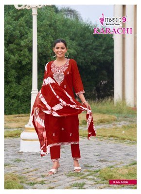 Mystic 9 Karachi Vol 6 Heavy Rayon Lucknowi Straight Cut Kurti with Embroidery Work Pant and Dupatta 3 Piece Set Wholesale kurtis catalogs