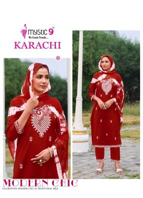 Mystic 9 Karachi Vol 6 Heavy Rayon Lucknowi Straight Cut Kurti with Embroidery Work Pant and Dupatta 3 Piece Set Wholesale kurtis catalogs