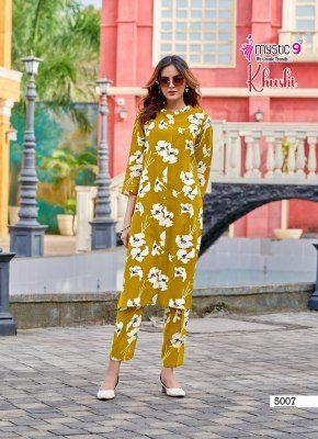 Mystic 9 Khushi Vol 5 Heavy Viscose Printed Co Ord Set with Sleeves Lock And Mandarin Collar Wholesale  kurtis catalogs