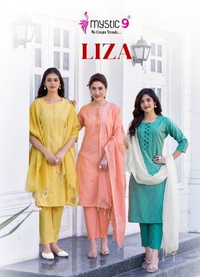 Mystic 9 Liza Vol 3 Premium Handloom Cotton Kurti Pant Dupatta Set with Sleeves Lock  Front Embroidery And Pocket kurtis catalogs