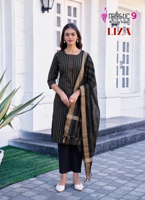 Mystic 9 Liza Vol 3 Premium Handloom Cotton Kurti Pant Dupatta Set with Sleeves Lock  Front Embroidery And Pocket kurtis catalogs