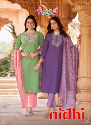 Mystic 9 Nidhi Vol-1 Roman Silk Embroidered Straight Cut Suit Set 