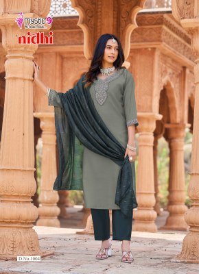 Mystic 9 Nidhi Vol-1 Roman Silk Embroidered Straight Cut Suit Set kurti pant with dupatta Catalogs