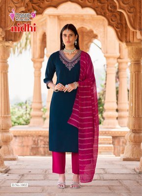 Mystic 9 Nidhi Vol-1 Roman Silk Embroidered Straight Cut Suit Set kurti pant with dupatta Catalogs