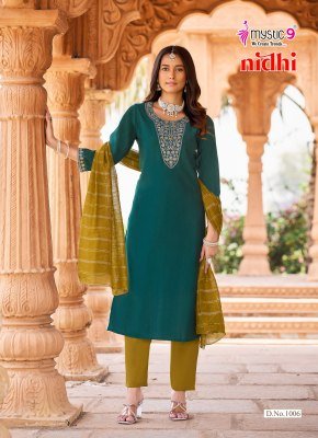 Mystic 9 Nidhi Vol-1 Roman Silk Embroidered Straight Cut Suit Set kurti pant with dupatta Catalogs