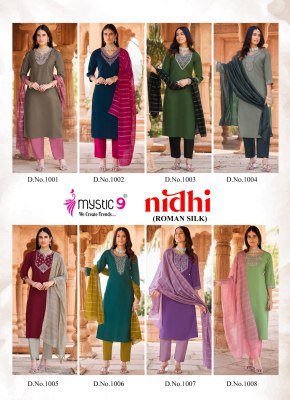 Mystic 9 Nidhi Vol-1 Roman Silk Embroidered Straight Cut Suit Set kurti pant with dupatta Catalogs