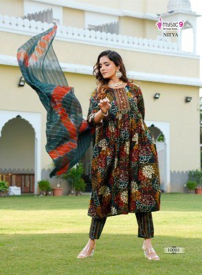 Mystic 9 Nitya Vol 1 Premium Vertical Foil Print Kurti Set with Embroidered Top Pocket Pants And Chanderi Cotton Dupatta Wholesale kurtis catalogs