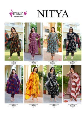 Mystic 9 Nitya Vol 1 Premium Vertical Foil Print Kurti Set with Embroidered Top Pocket Pants And Chanderi Cotton Dupatta Wholesale kurtis catalogs