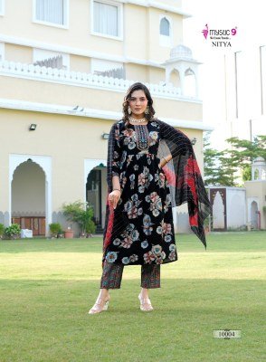 Mystic 9 Nitya Vol 1 Premium Vertical Foil Print Kurti Set with Embroidered Top Pocket Pants And Chanderi Cotton Dupatta Wholesale kurtis catalogs