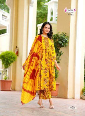 Mystic 9 Nitya Vol 1 Premium Vertical Foil Print Kurti Set with Embroidered Top Pocket Pants And Chanderi Cotton Dupatta Wholesale kurtis catalogs