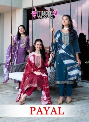 Mystic 9 Payal Vol 1 Premium Vertican Shimmer Embroidered Kurta Pant Set And Chanderi Jacquard Tie Dye Dupatta Wholesale kurtis catalogs