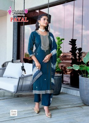 Mystic 9 Payal Vol 1 Premium Vertican Shimmer Embroidered Kurta Pant Set And Chanderi Jacquard Tie Dye Dupatta Wholesale kurtis catalogs