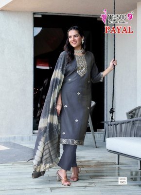 Mystic 9 Payal Vol 1 Premium Vertican Shimmer Embroidered Kurta Pant Set And Chanderi Jacquard Tie Dye Dupatta Wholesale kurtis catalogs