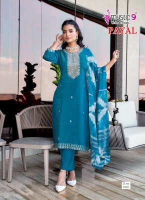 Mystic 9 Payal Vol 1 Premium Vertican Shimmer Embroidered Kurta Pant Set And Chanderi Jacquard Tie Dye Dupatta Wholesale kurtis catalogs