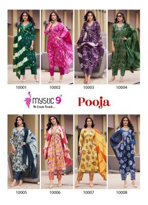 Mystic 9 Pooja Vol 10 Premium Rayon Foil Print Aaliya Cut Suit Set with Embroidery Pant And Chanderi Dupatta wholesale kurtis catalogs