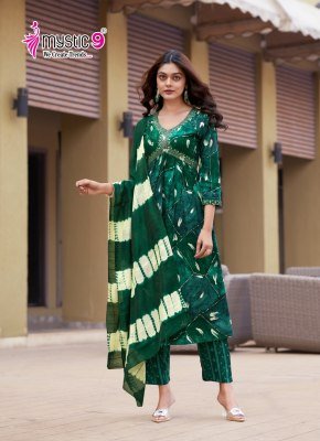 Mystic 9 Pooja Vol 10 Premium Rayon Foil Print Aaliya Cut Suit Set with Embroidery Pant And Chanderi Dupatta wholesale kurtis catalogs