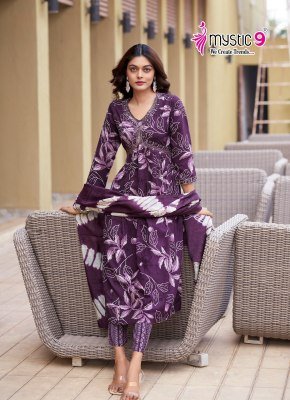 Mystic 9 Pooja Vol 10 Premium Rayon Foil Print Aaliya Cut Suit Set with Embroidery Pant And Chanderi Dupatta wholesale kurtis catalogs