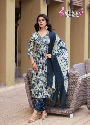 Mystic 9 Pooja Vol 10 Premium Rayon Foil Print Aaliya Cut Suit Set with Embroidery Pant And Chanderi Dupatta wholesale kurtis catalogs
