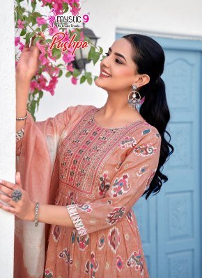 Mystic 9 Pushpa Vol 14 Rayon Capsule Foil Print Umbrella Cut Kurti Pant with Chanderi Cotton Dupatta Mystic 9