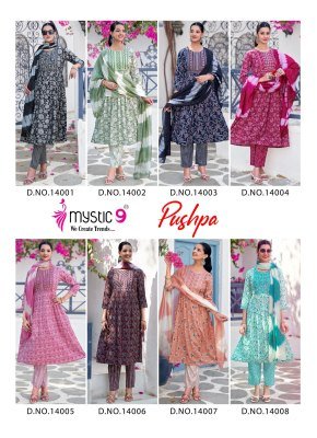 Mystic 9 Pushpa Vol 14 Rayon Capsule Foil Print Umbrella Cut Kurti Pant with Chanderi Cotton Dupatta kurti pant with dupatta Catalogs