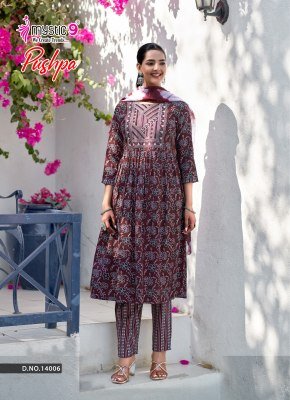 Mystic 9 Pushpa Vol 14 Rayon Capsule Foil Print Umbrella Cut Kurti Pant with Chanderi Cotton Dupatta kurti pant with dupatta Catalogs