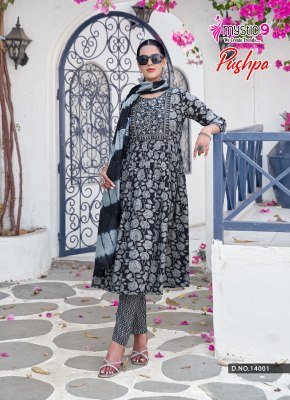 Mystic 9 Pushpa Vol 14 Rayon Capsule Foil Print Umbrella Cut Kurti Pant with Chanderi Cotton Dupatta kurti pant with dupatta Catalogs