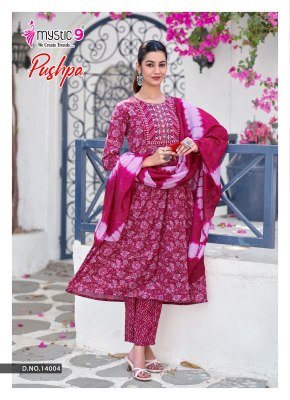 Mystic 9 Pushpa Vol 14 Rayon Capsule Foil Print Umbrella Cut Kurti Pant with Chanderi Cotton Dupatta kurti pant with dupatta Catalogs