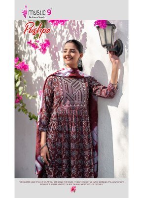 Mystic 9 Pushpa Vol 14 Rayon Capsule Foil Print Umbrella Cut Kurti Pant with Chanderi Cotton Dupatta kurti pant with dupatta Catalogs