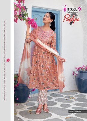 Mystic 9 Pushpa Vol 14 Rayon Capsule Foil Print Umbrella Cut Kurti Pant with Chanderi Cotton Dupatta kurti pant with dupatta Catalogs