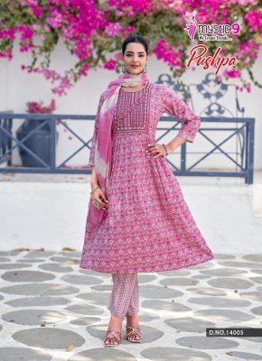 Mystic 9 Pushpa Vol 14 Rayon Capsule Foil Print Umbrella Cut Kurti Pant with Chanderi Cotton Dupatta kurti pant with dupatta Catalogs
