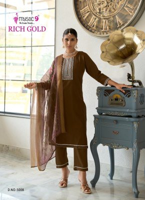 Mystic 9 Rich Gold Vol 5 Premium Cotton Jam Satin Suit with Sleeves Swarovski Embroidery And Anchor Embellishments with Digital Chanderi Dupatta Whole kurtis catalogs