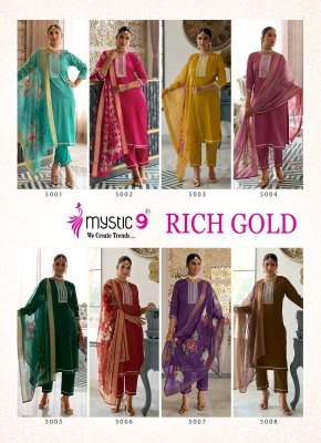 Mystic 9 Rich Gold Vol 5 Premium Cotton Jam Satin Suit with Sleeves Swarovski Embroidery And Anchor Embellishments with Digital Chanderi Dupatta Whole kurtis catalogs