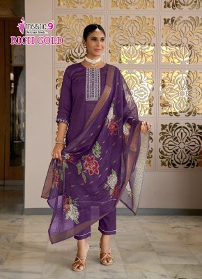 Mystic 9 Rich Gold Vol 5 Premium Cotton Jam Satin Suit with Sleeves Swarovski Embroidery And Anchor Embellishments with Digital Chanderi Dupatta Whole kurtis catalogs