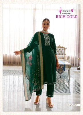 Mystic 9 Rich Gold Vol 5 Premium Cotton Jam Satin Suit with Sleeves Swarovski Embroidery And Anchor Embellishments with Digital Chanderi Dupatta Whole kurtis catalogs