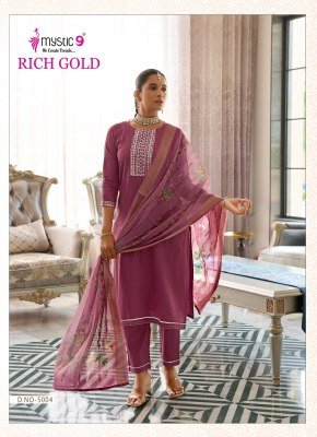 Mystic 9 Rich Gold Vol 5 Premium Cotton Jam Satin Suit with Sleeves Swarovski Embroidery And Anchor Embellishments with Digital Chanderi Dupatta Whole kurtis catalogs
