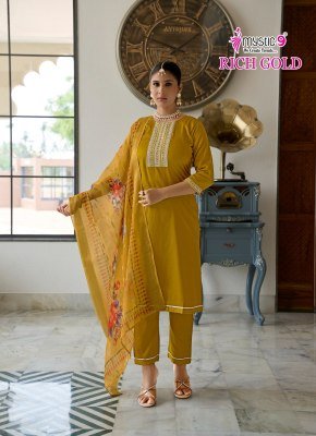 Mystic 9 Rich Gold Vol 5 Premium Cotton Jam Satin Suit with Sleeves Swarovski Embroidery And Anchor Embellishments with Digital Chanderi Dupatta Whole kurtis catalogs