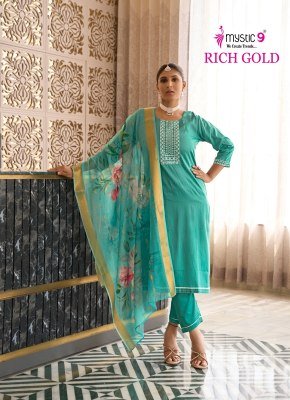 Mystic 9 Rich Gold Vol 5 Premium Cotton Jam Satin Suit with Sleeves Swarovski Embroidery And Anchor Embellishments with Digital Chanderi Dupatta Whole kurtis catalogs