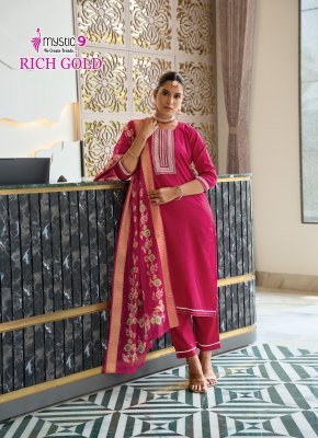 Mystic 9 Rich Gold Vol 5 Premium Cotton Jam Satin Suit with Sleeves Swarovski Embroidery And Anchor Embellishments with Digital Chanderi Dupatta Whole kurtis catalogs